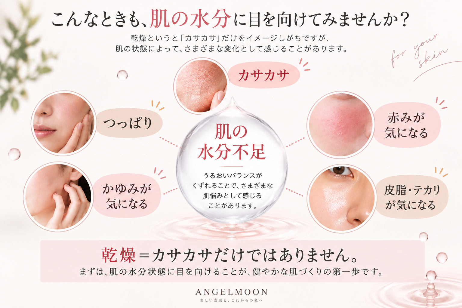 乾燥はカサカサだけではなく肌の水分に目を向けるエンジェルムーンの美容理論図